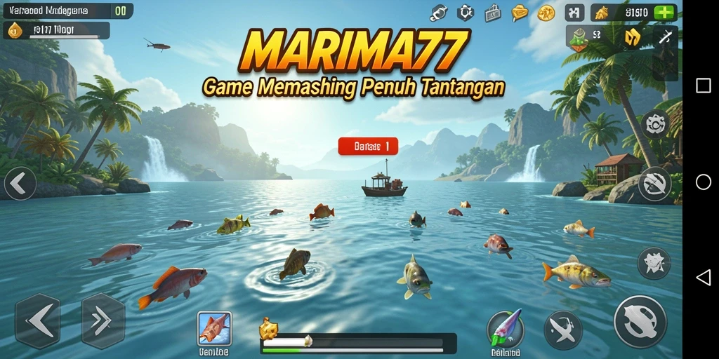 Tampilan gameplay MARIMA77 yang seru saat memancing berbagai jenis ikan.