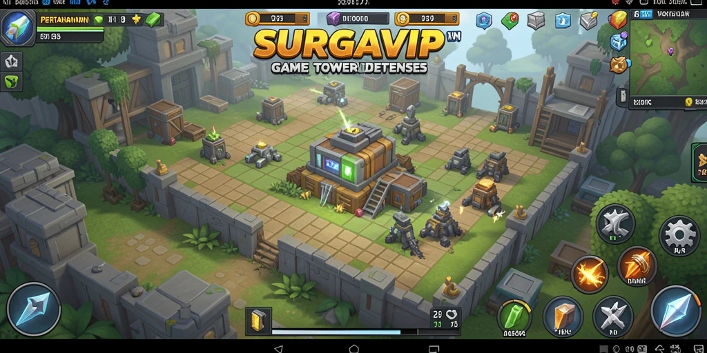Tampilan gameplay menawan SURGAVIP dalam pertempuran Tower Defense.